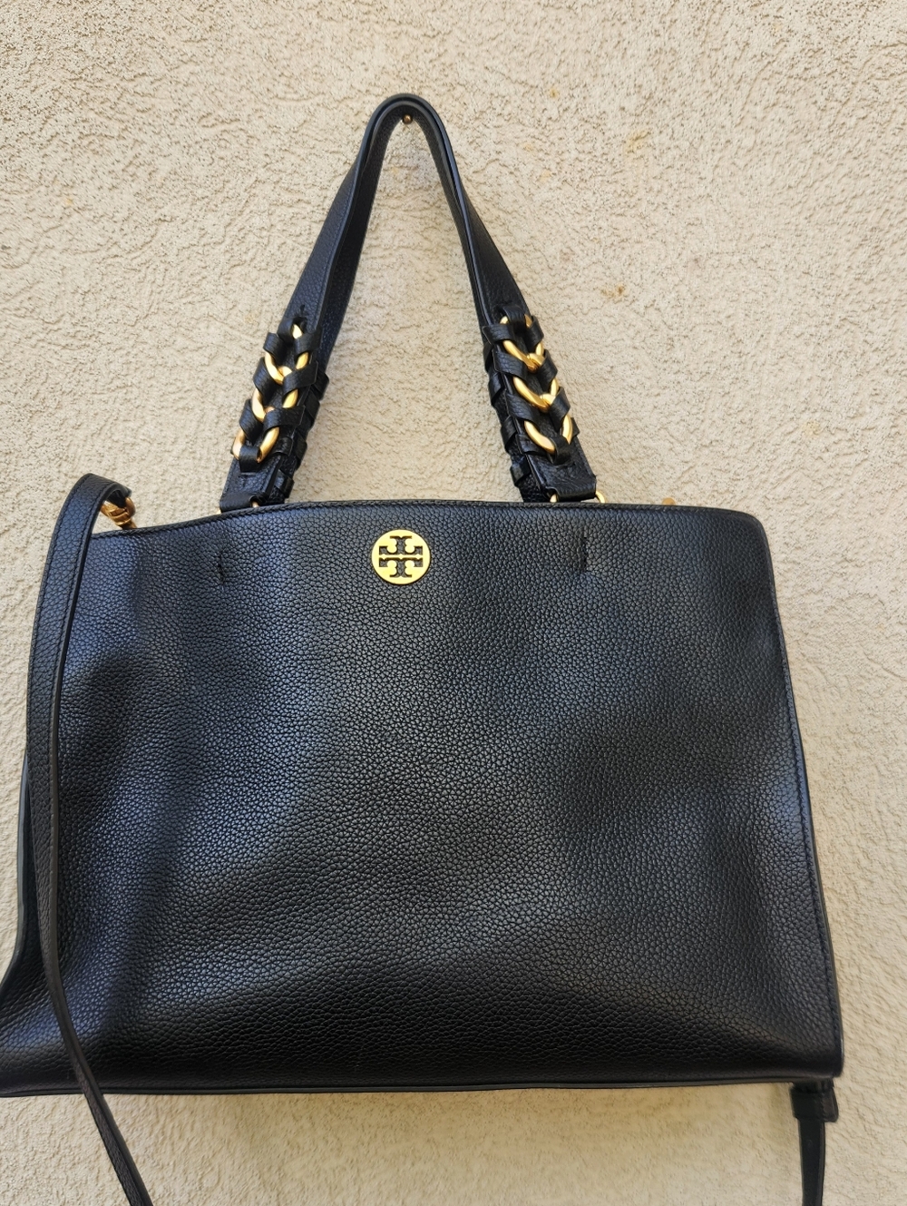 TORY BURCH Everly Handbag Black Leather Tote Multi Pocket Purse
